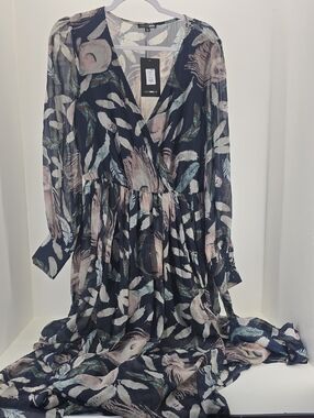 Fashion Nova Navy Floral Wrap Long Sleeve Maxi Dress with Blush and Teal Accents